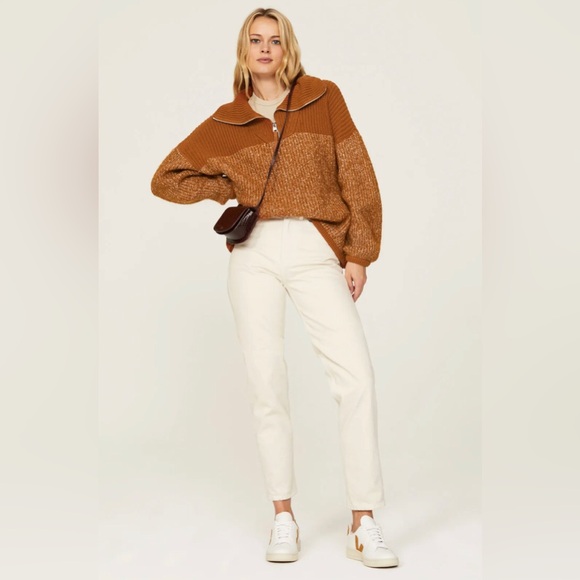 Varley Willard Half-Zip Knit Pullover Sweater in Caramel Café Brown Burnt Sienna - Picture 1 of 16